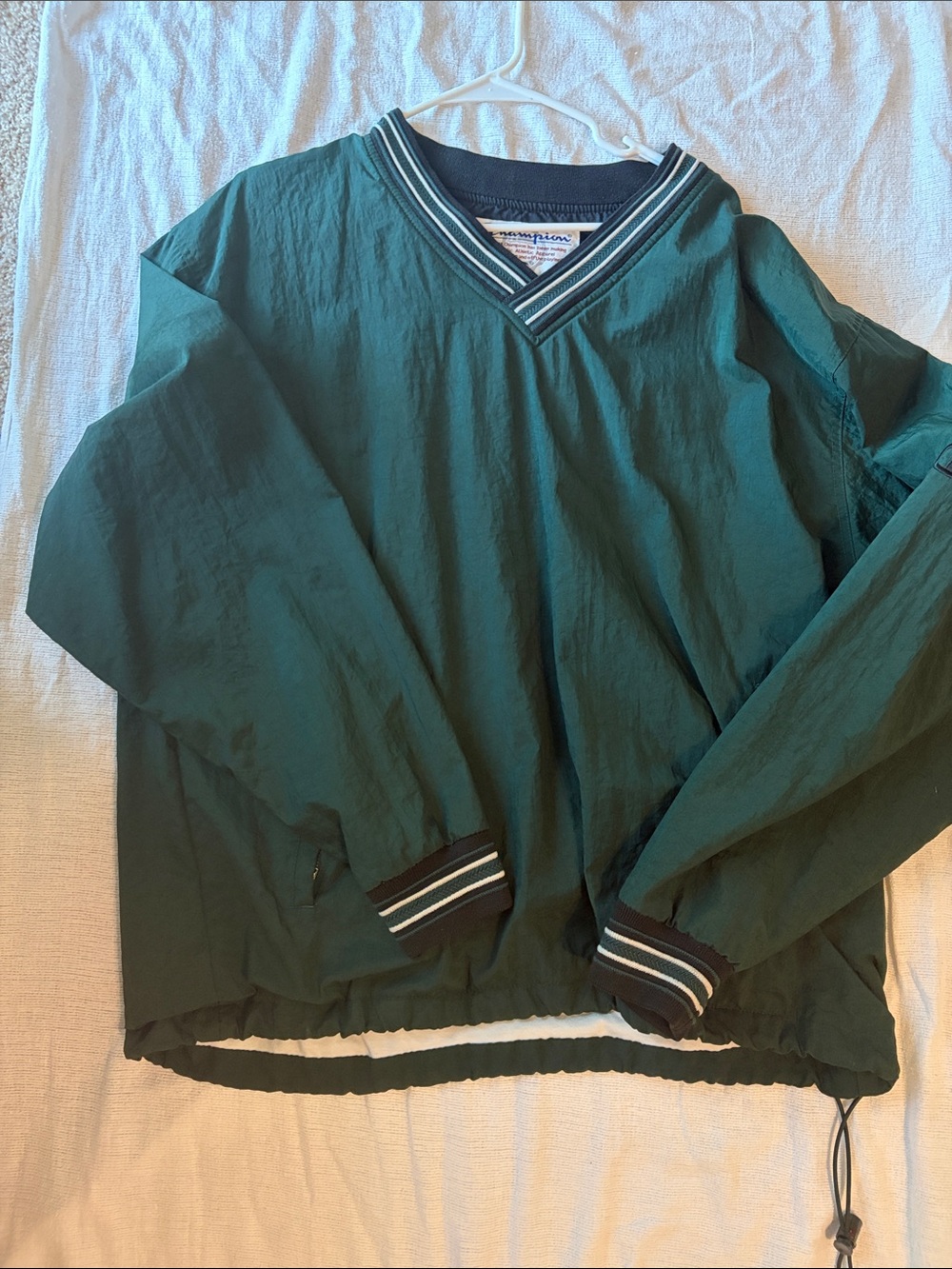 Champion Dark Teal Pullover V-Neck Windshirt with Striped Trim